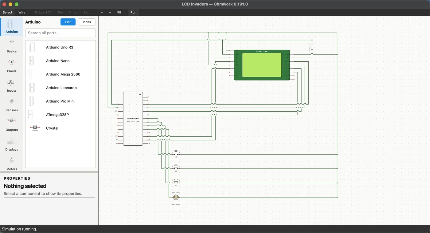 The Ohmwork window with a circuit running: an Arduino Uno wired to a sixteen by two character display, three push buttons and a piezo buzzer, the parts palette on the left and the status bar reading "Simulation running".